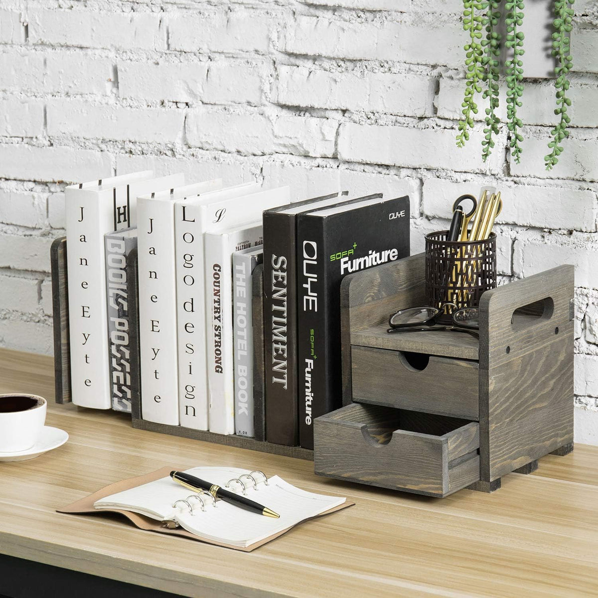 Vintage Gray Solid Wood Desktop Bookshelf Organizer with 2 Pullout Drawers Z77987
