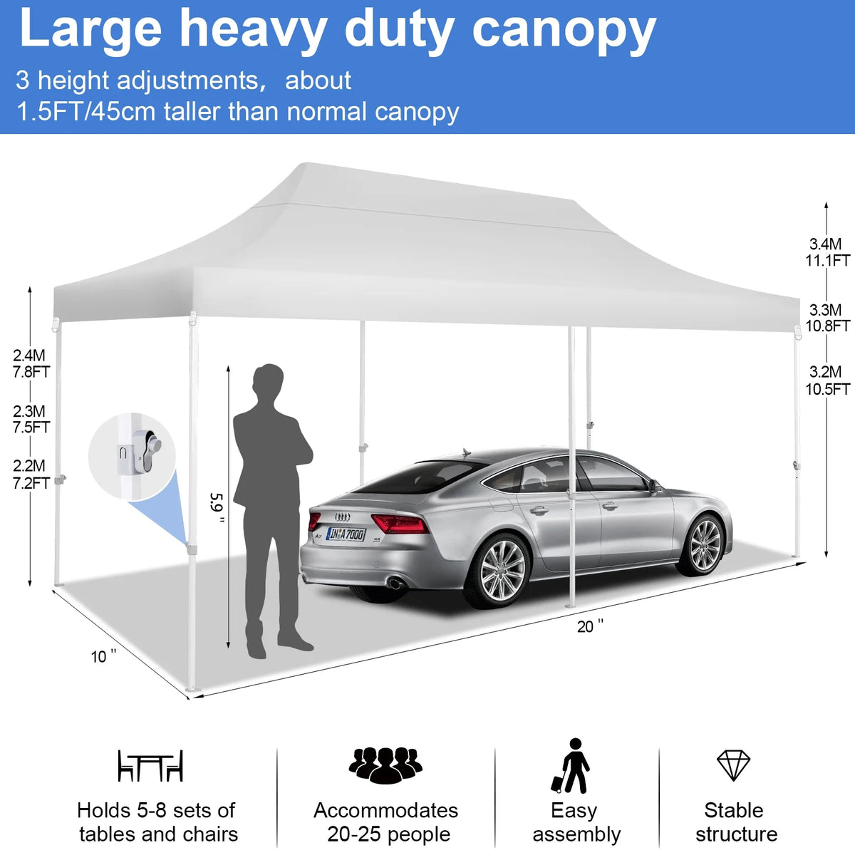 White 10' x 20' Pop up Canopy Tent with 6 Mosquito Side Walls & Carry Bag I7162