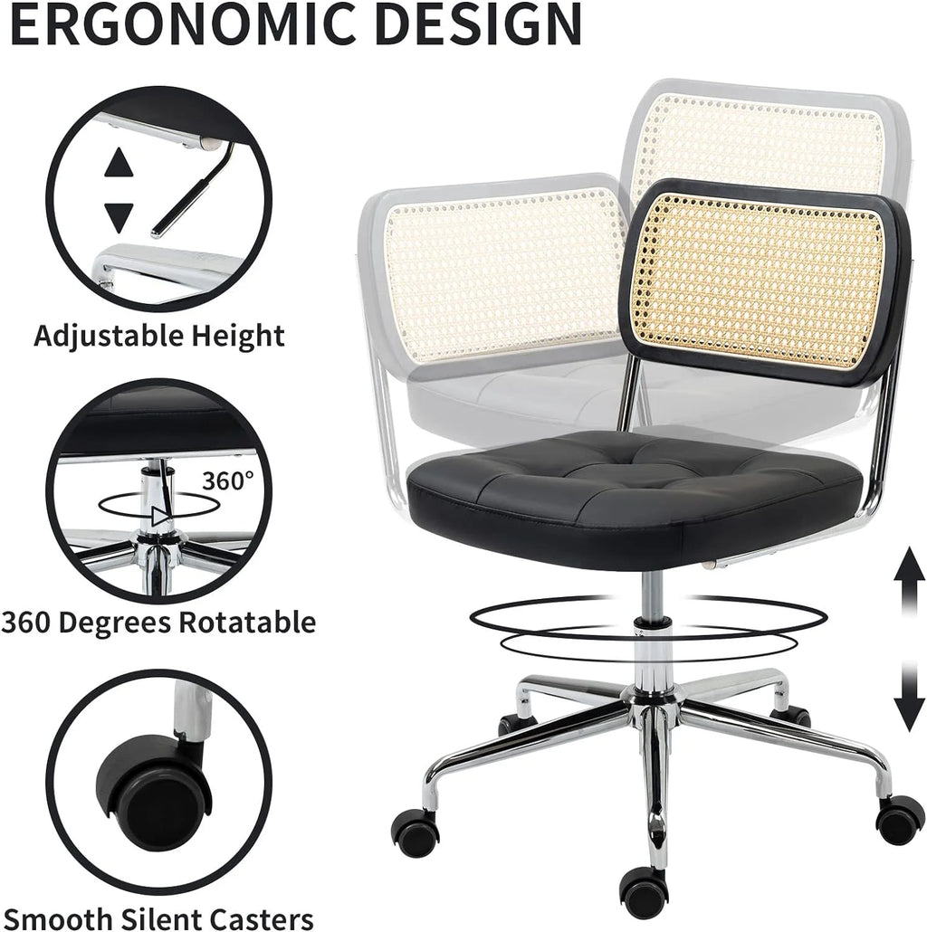Black Leather Rattan Back Adjustable Swivel Office Chair W836