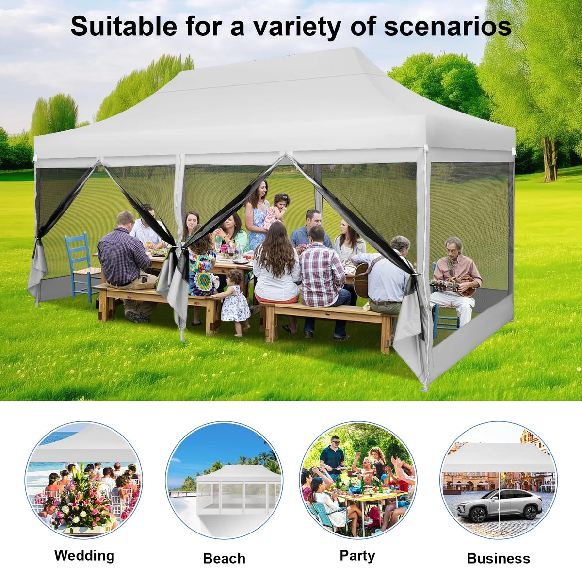 White 10' x 20' Pop up Canopy Tent with 6 Mosquito Side Walls & Carry Bag I7162