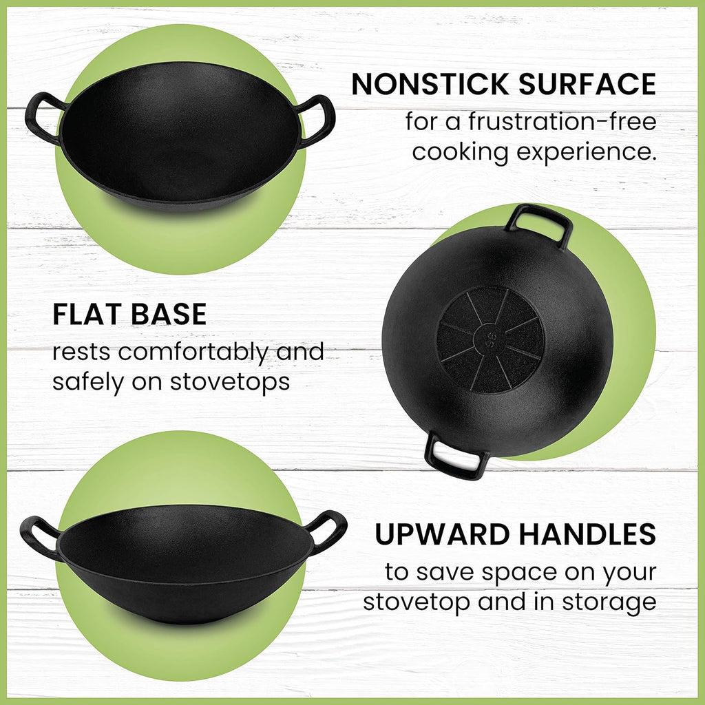 Pre-Seasoned Cast Iron Wok with Wooden Lid 14 Inches Nonstick Deep Frying Pan X34655