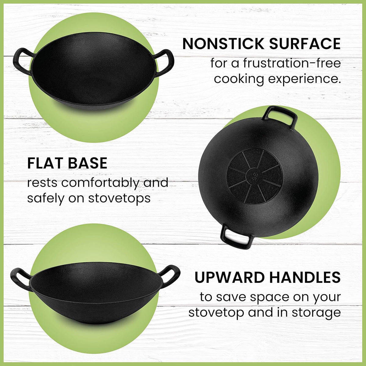 Pre-Seasoned Cast Iron Wok with Wooden Lid 14 Inches Nonstick Deep Frying Pan X34655