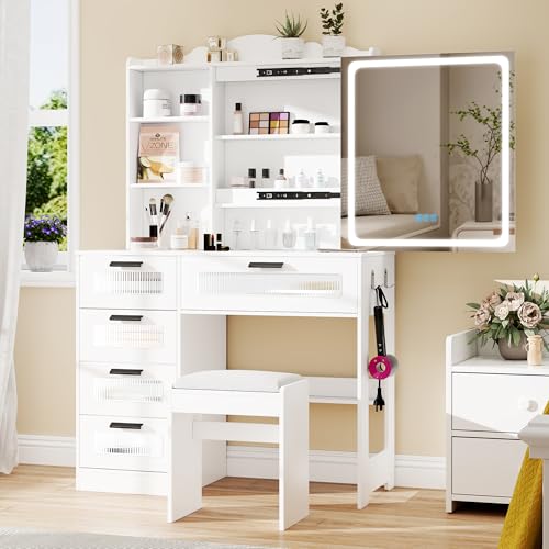 White Vanity Desk with Mirror and Lights, 5 Drawers I734539
