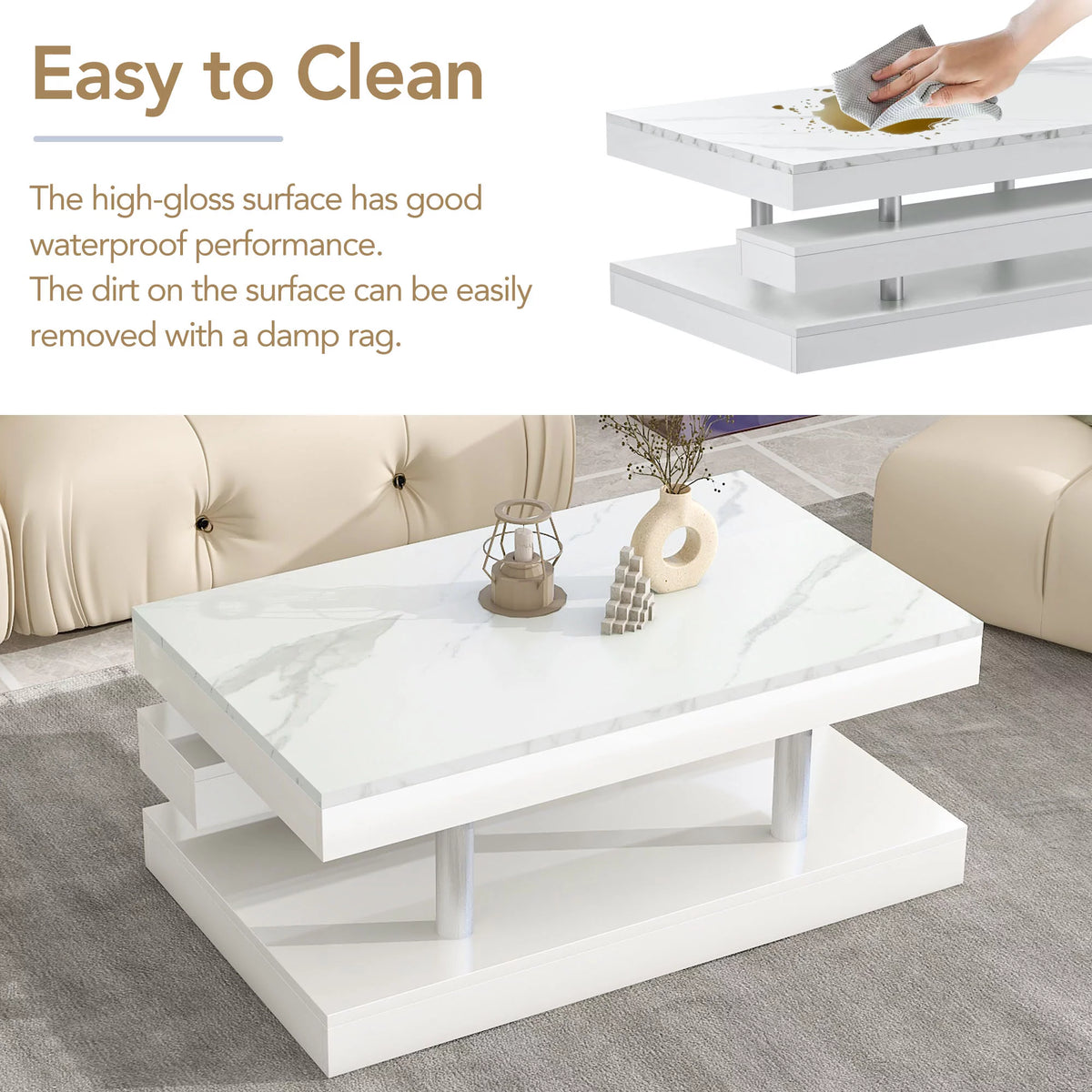 White 2-Tier Coffee Table with Silver Metal Legs Z9297