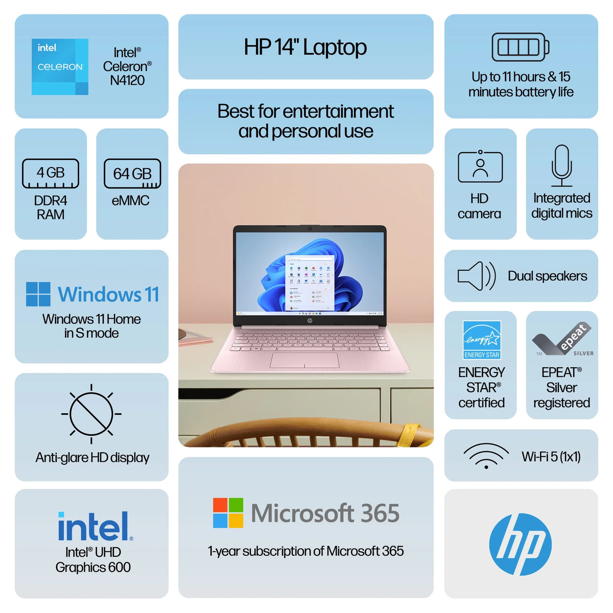 14 inch Laptop Intel Processor 4GB RAM 64GB eMMC Pink P4236