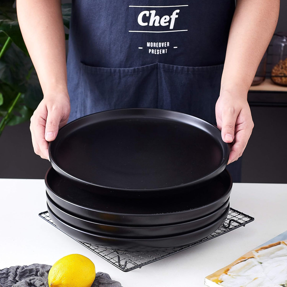 Matte 11-inch Ceramic Large Round Serving Plates and 5 Quart Cast Iron Double Dutch Oven Set with 10 inch Skillet Lid S613148
