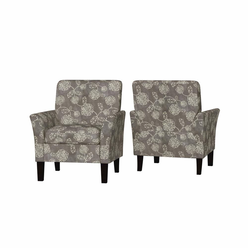 Charcoal Gray and Creamy White Floral Arm Chairs (Set of 2) O4671