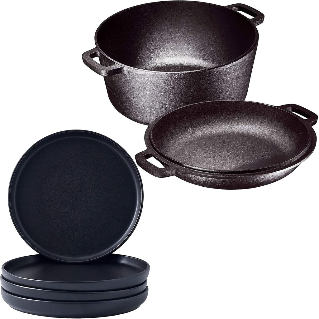 Matte 11-inch Ceramic Large Round Serving Plates and 5 Quart Cast Iron Double Dutch Oven Set with 10 inch Skillet Lid S613148