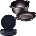 Matte 11-inch Ceramic Large Round Serving Plates and 5 Quart Cast Iron Double Dutch Oven Set with 10 inch Skillet Lid S613148
