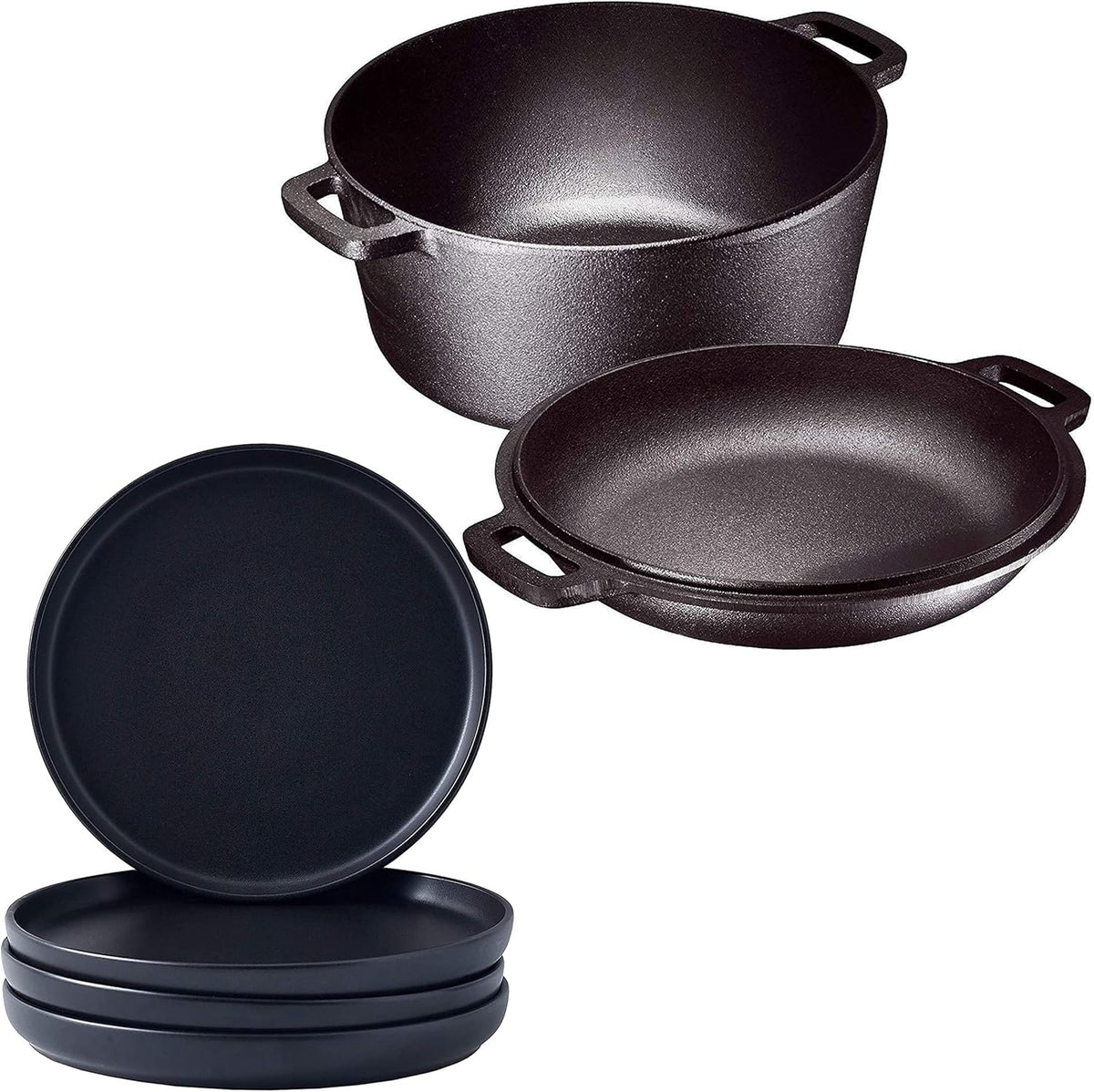 Matte 11-inch Ceramic Large Round Serving Plates and 5 Quart Cast Iron Double Dutch Oven Set with 10 inch Skillet Lid S613148
