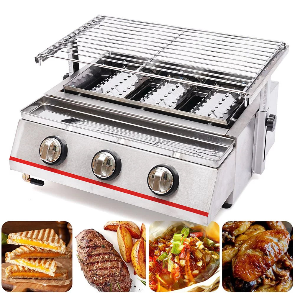 Portable Gas Grill 3-Burner Outdoor BBQ Infrared Cooker Smokeless Gas LPG Grill M744035