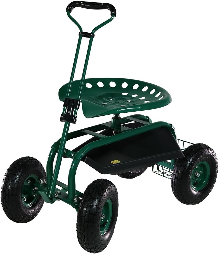 Blue Garden Cart with Swivel Seat and Utility Basket H3342