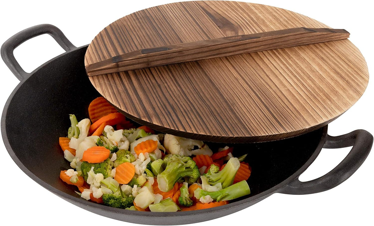 Pre-Seasoned Cast Iron Wok with Wooden Lid 14 Inches Nonstick Deep Frying Pan X34655