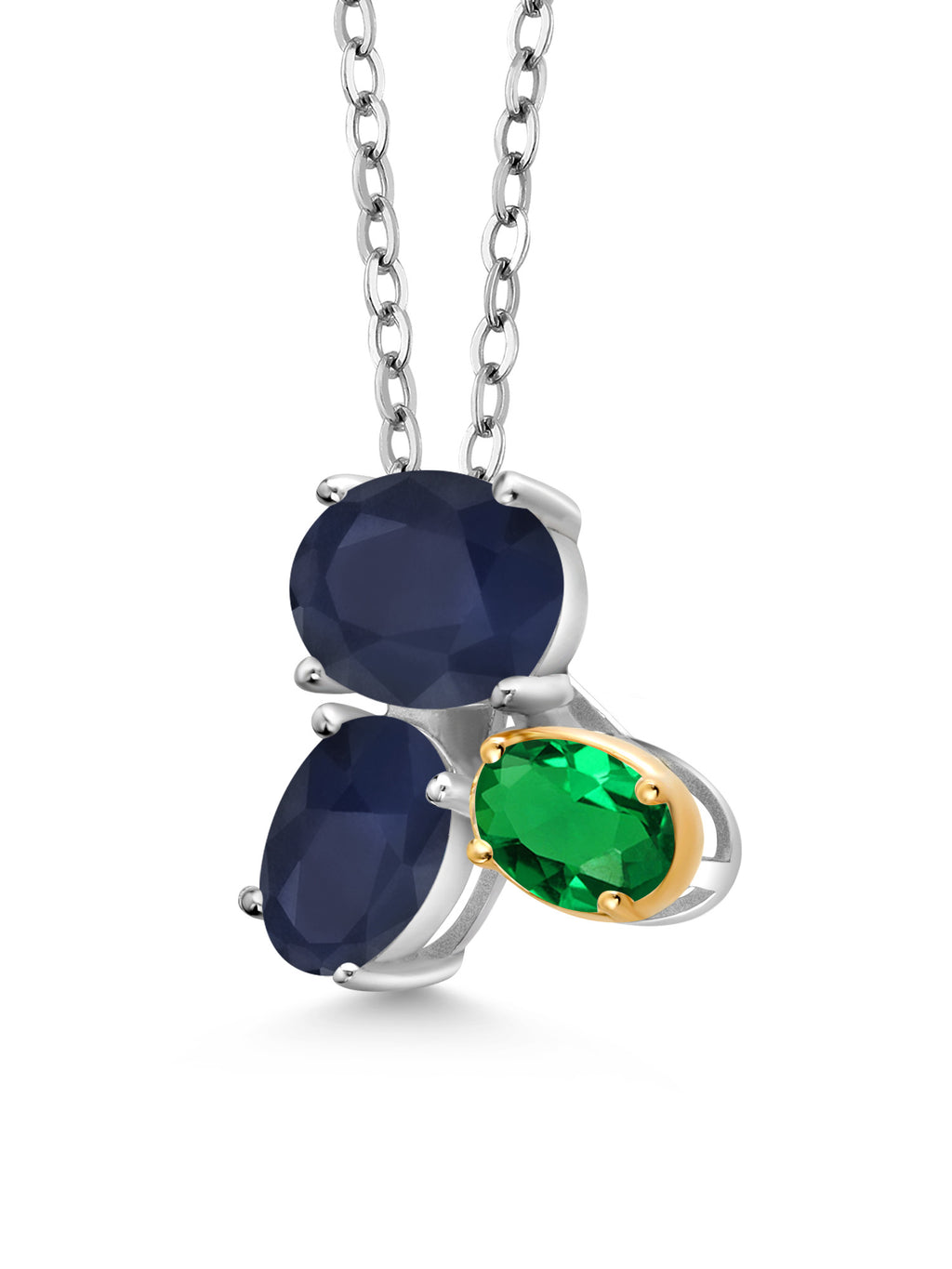 925 Silver 10K Yellow Gold Blue Sapphire Green Nano Emerald Pendant Necklace with 18 inch Chain F3726
