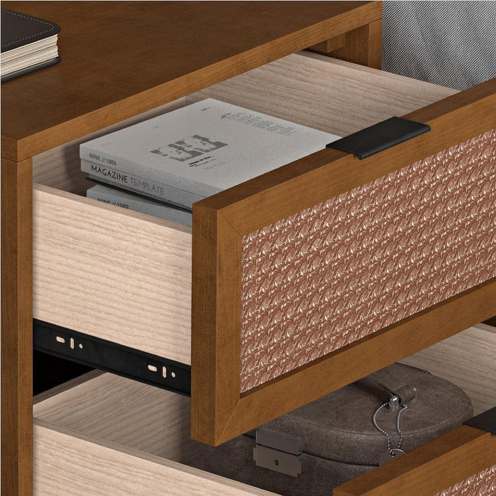 Walnut Rattan 2-Drawer Nightstand I47781