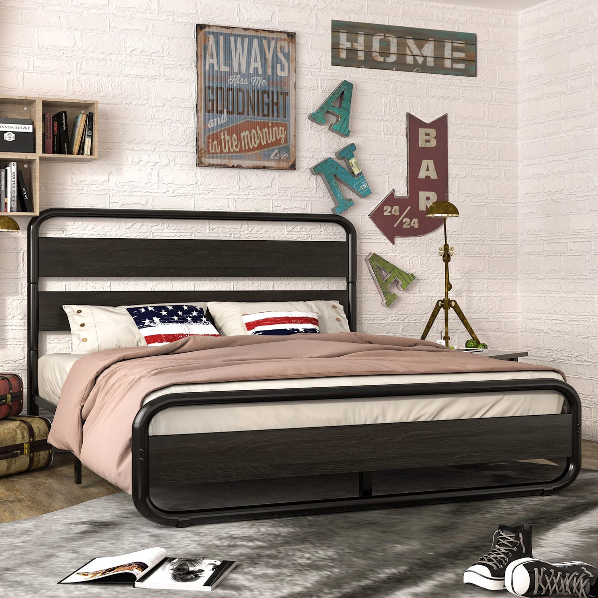 Full Size Metal Platform Bed Frame with Wooden Headboard & Footboard, Black R430