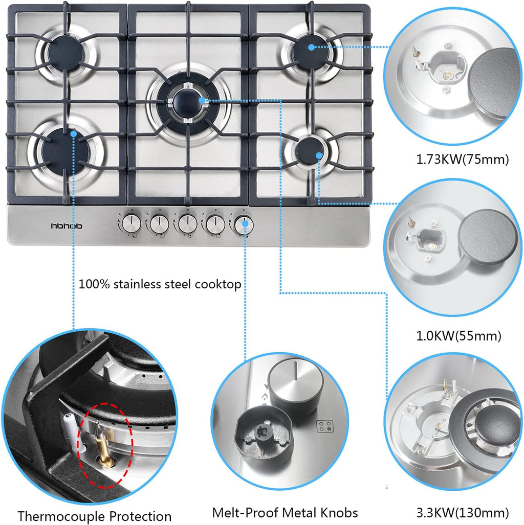 30 Inches 5 Burners Stainless Steel Gas Cooktop with Cast Iron Grates P9853