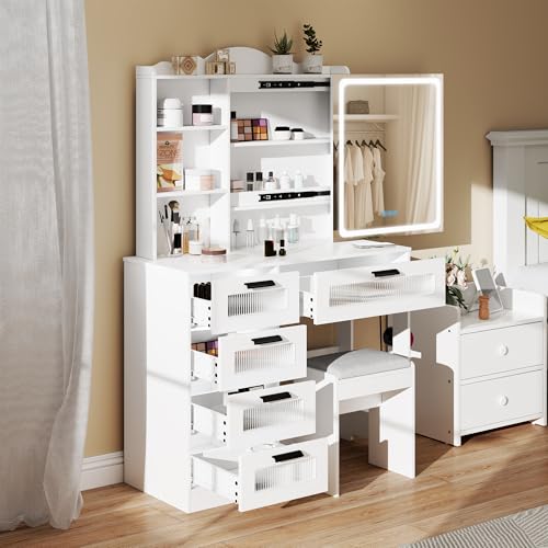 White Vanity Desk with Mirror and Lights, 5 Drawers I734539