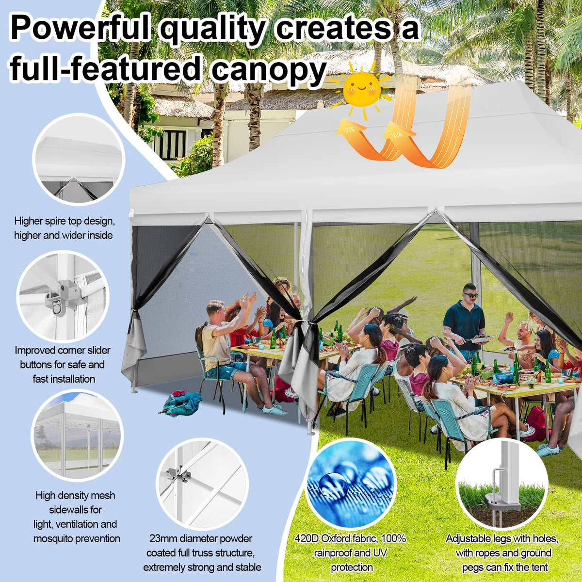 White 10' x 20' Pop up Canopy Tent with 6 Mosquito Side Walls & Carry Bag I7162