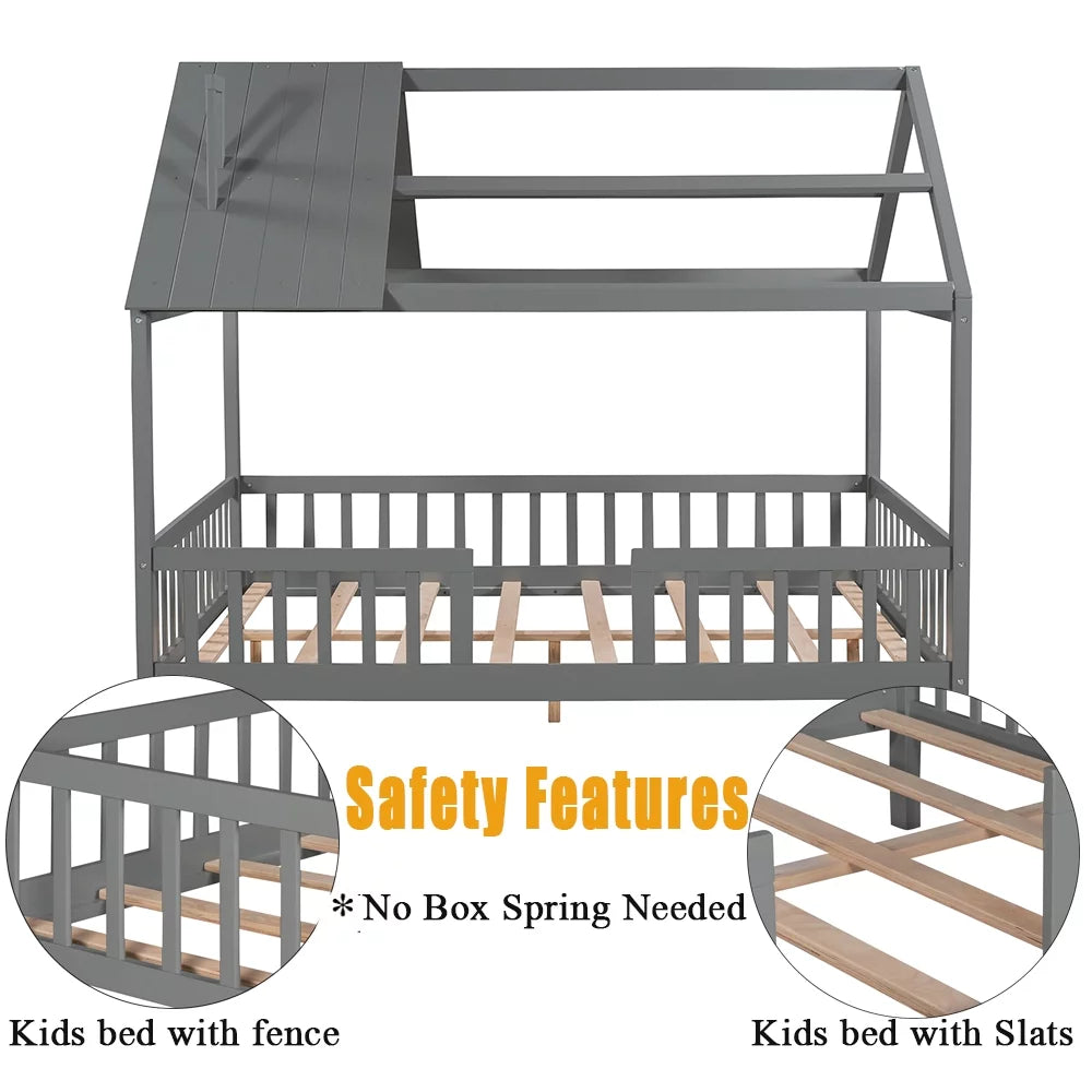 Full Size Wood Bed Frame with Roof and Fence E7241