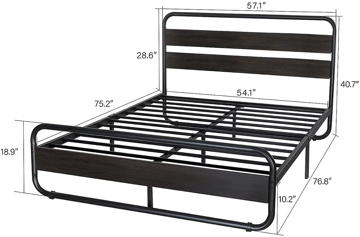 Full Size Metal Platform Bed Frame with Wooden Headboard & Footboard, Black R430