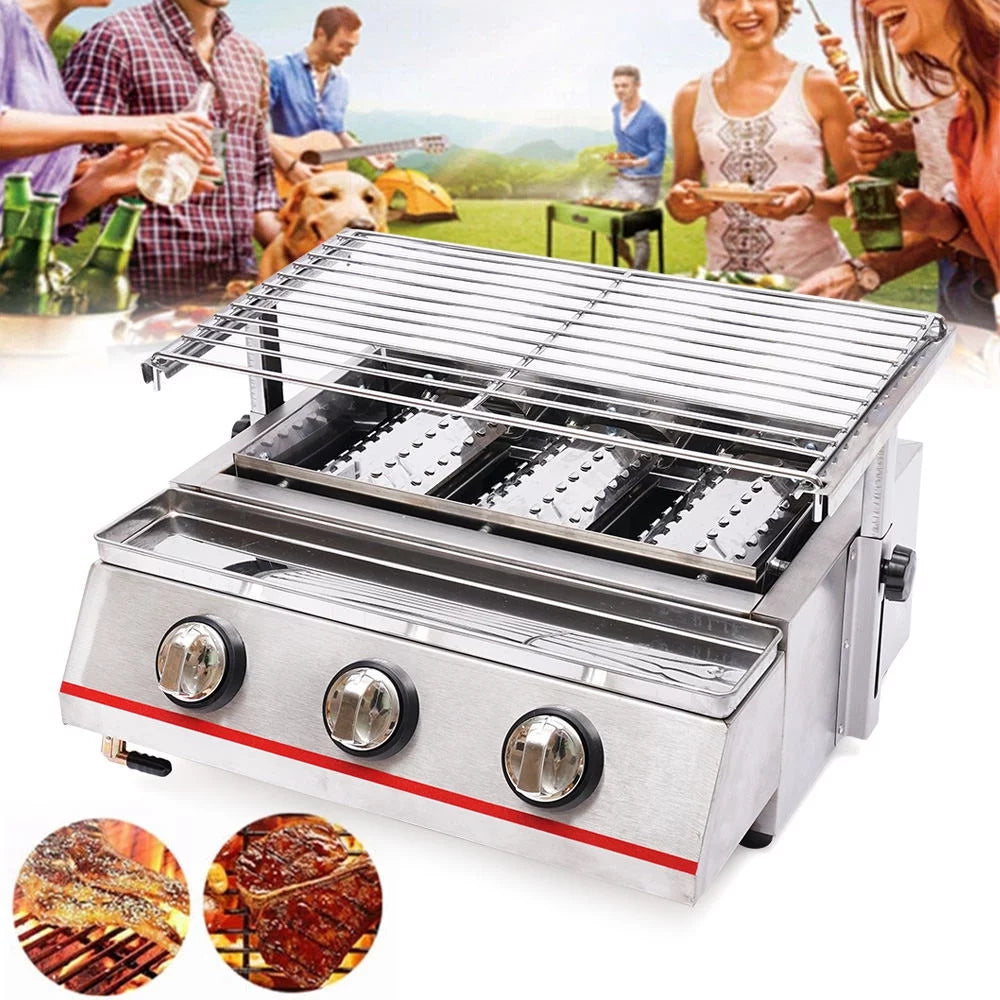 Portable Gas Grill 3-Burner Outdoor BBQ Infrared Cooker Smokeless Gas LPG Grill M744035