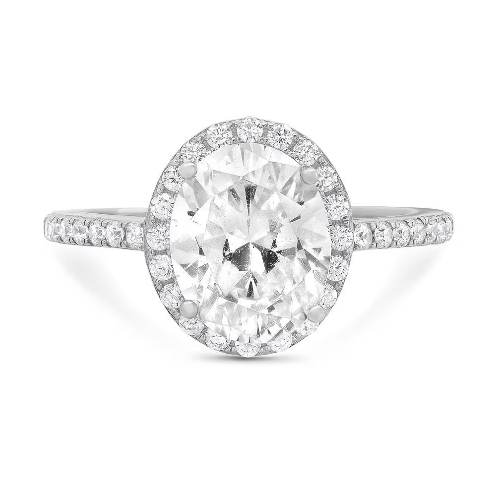 18K White Gold Halo Engagement Ring with Crystal side stones B50636