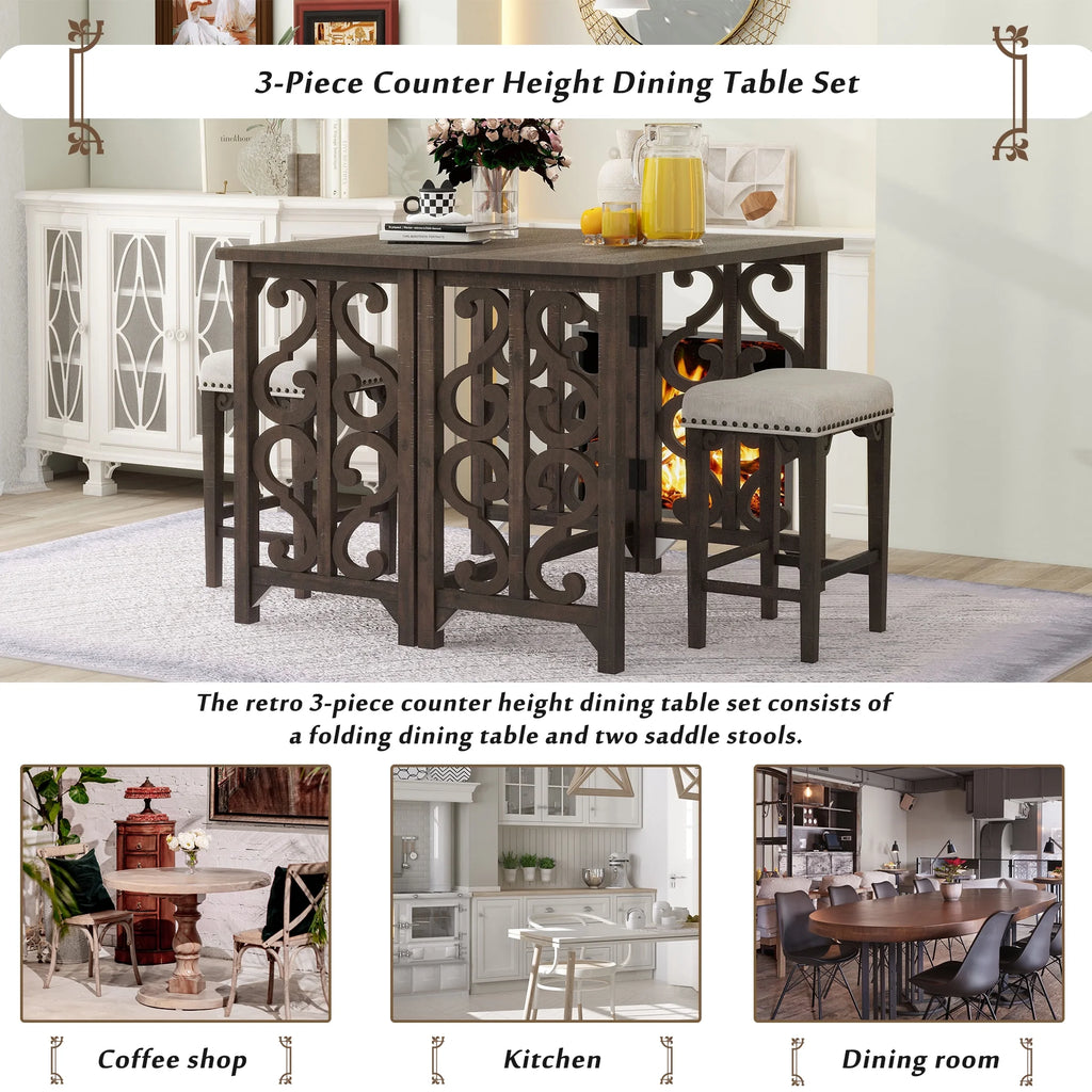 3-Piece Solid Wood Counter Height Dining Set with 2 Saddle Stools E4841