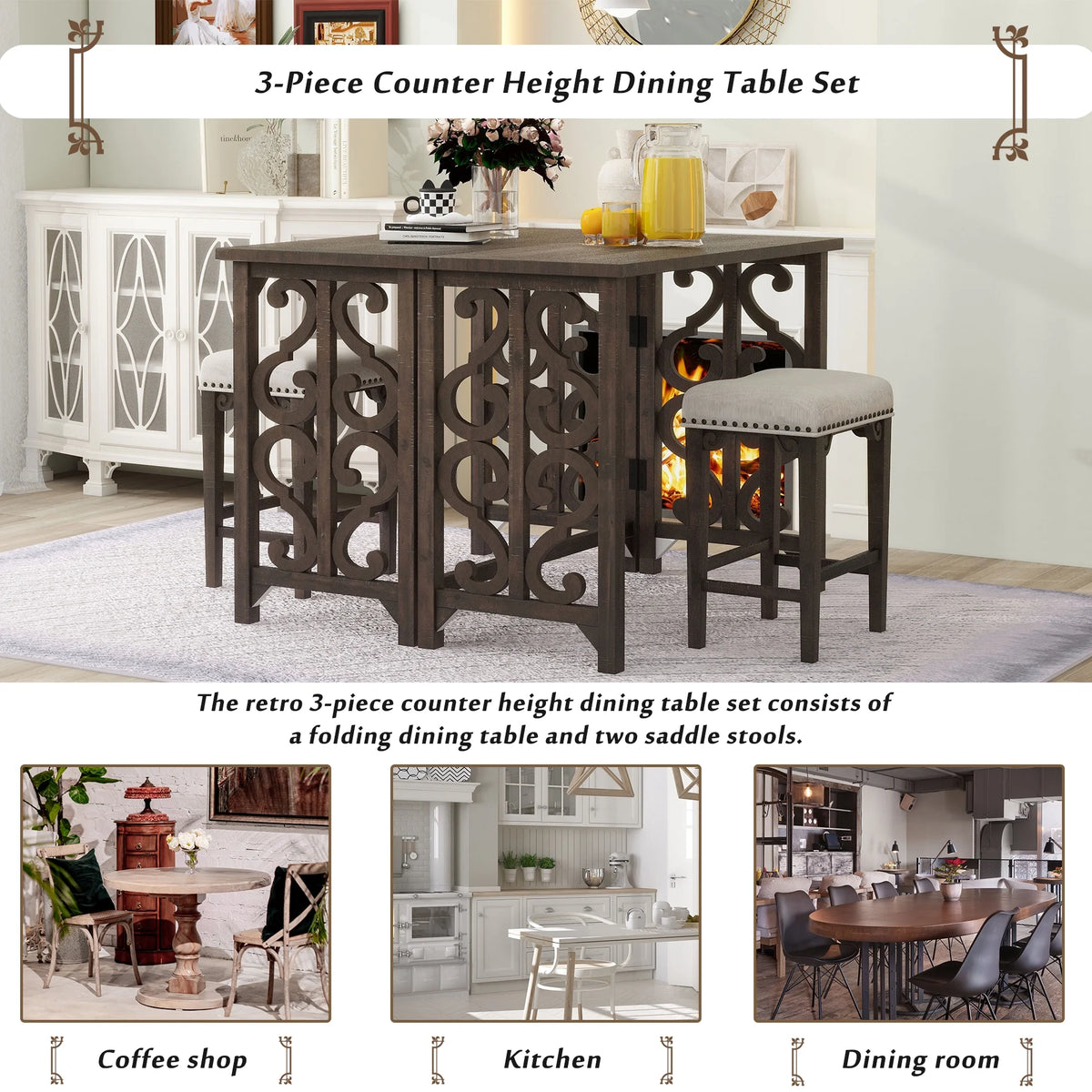 3-Piece Solid Wood Counter Height Dining Set with 2 Saddle Stools E4841