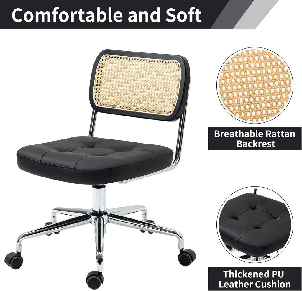 Black Leather Rattan Back Adjustable Swivel Office Chair W836