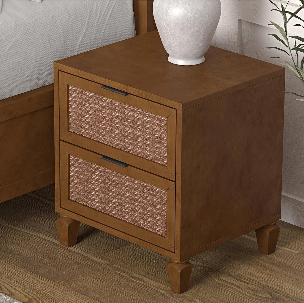 Walnut Rattan 2-Drawer Nightstand I47781