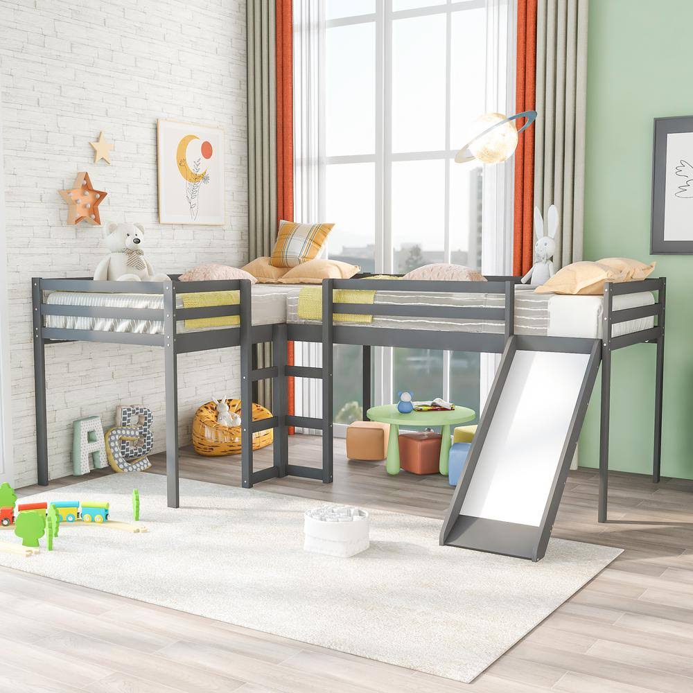Gray L-Shaped Twin Size Wood Loft Bed with Ladders and Slide M679