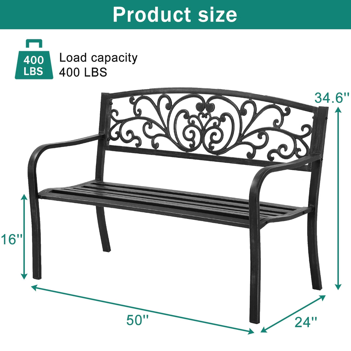 Black Steel Patio Bench with Back and Cast Iron Armrest M968