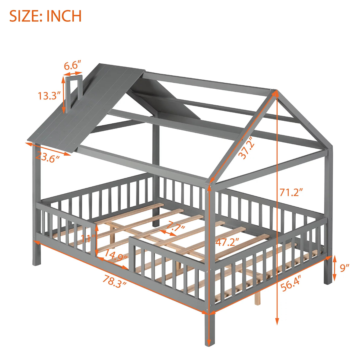 Full Size Wood Bed Frame with Roof and Fence E7241