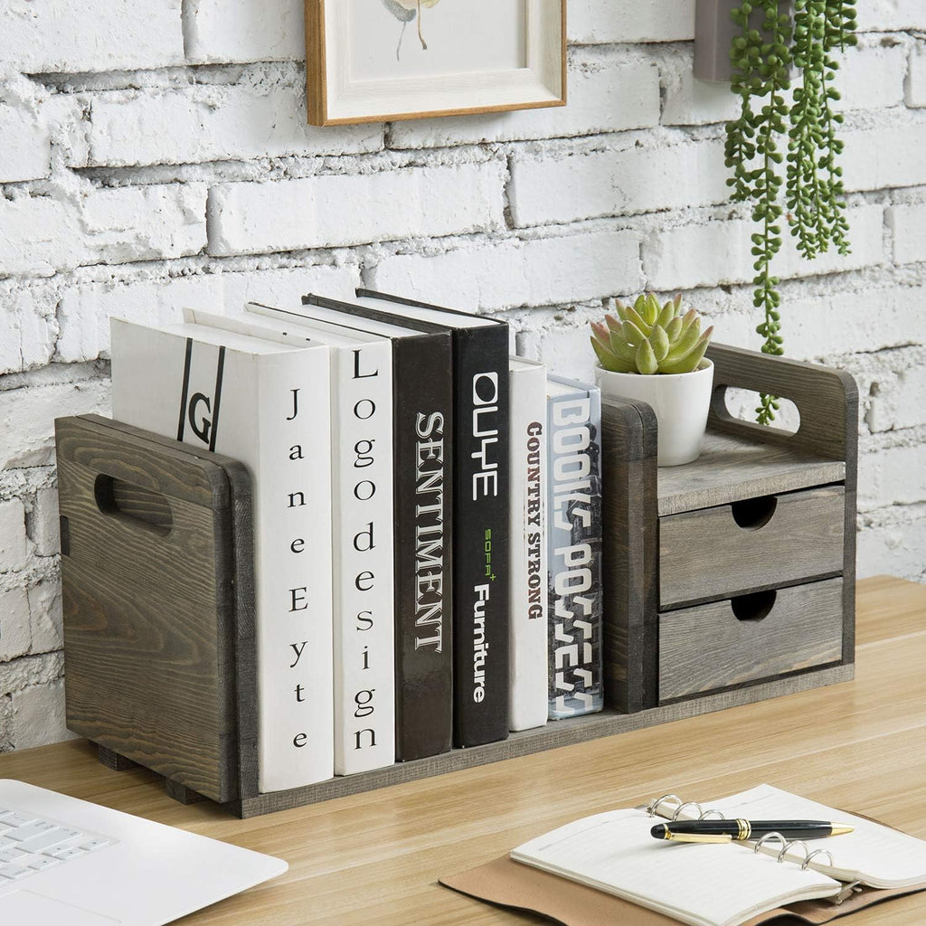 Vintage Gray Solid Wood Desktop Bookshelf Organizer with 2 Pullout Drawers Z77987