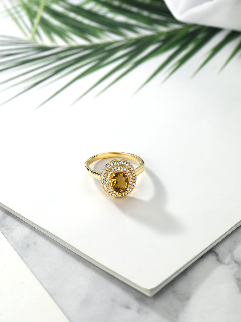 18K Yellow Gold Plated Silver Oval Whiskey Quartz Halo Engagement Ring T92144