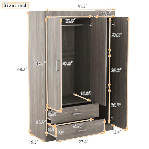 Gray Wood Armoire Wardrobe with Mirror D86329