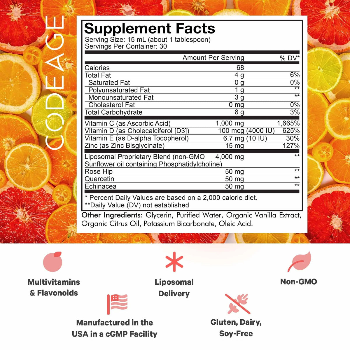 15.22 fl oz Liquid Vitamin C 1000mg with Zinc, Vitamin D E, Quercetin, Echinacea C162