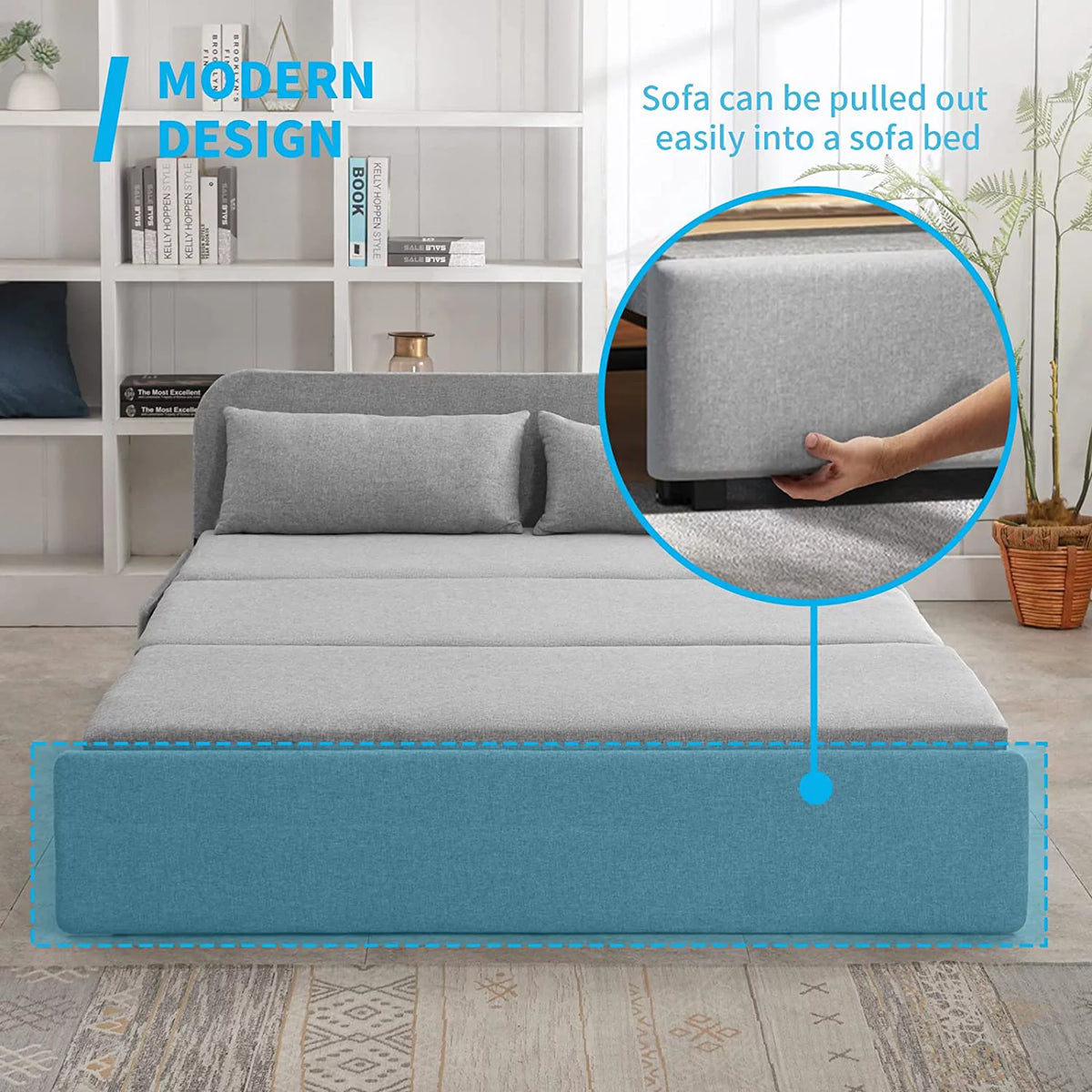 Queen Size Light Gray Linen Convertible Sofa Bed W270