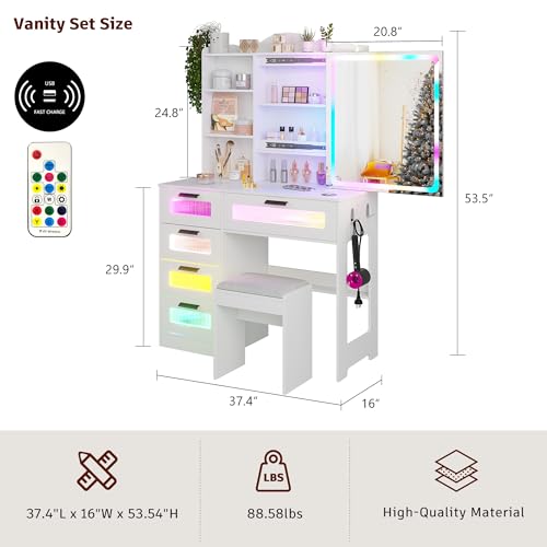 White Vanity Desk with Mirror and Lights, 5 Drawers I734539