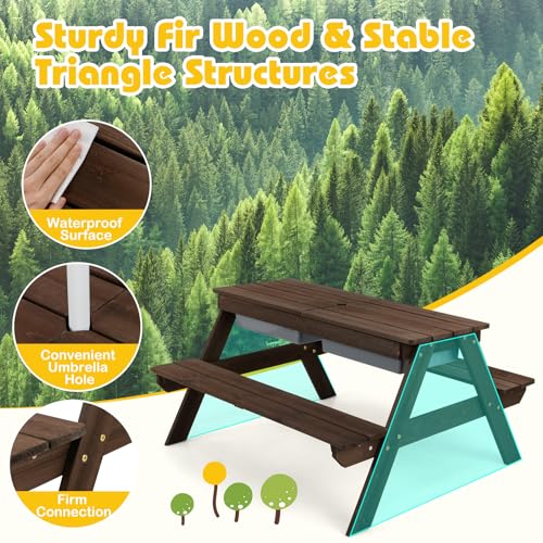 Kids Wooden Picnic Table and Chair Set with Umbrella R7530