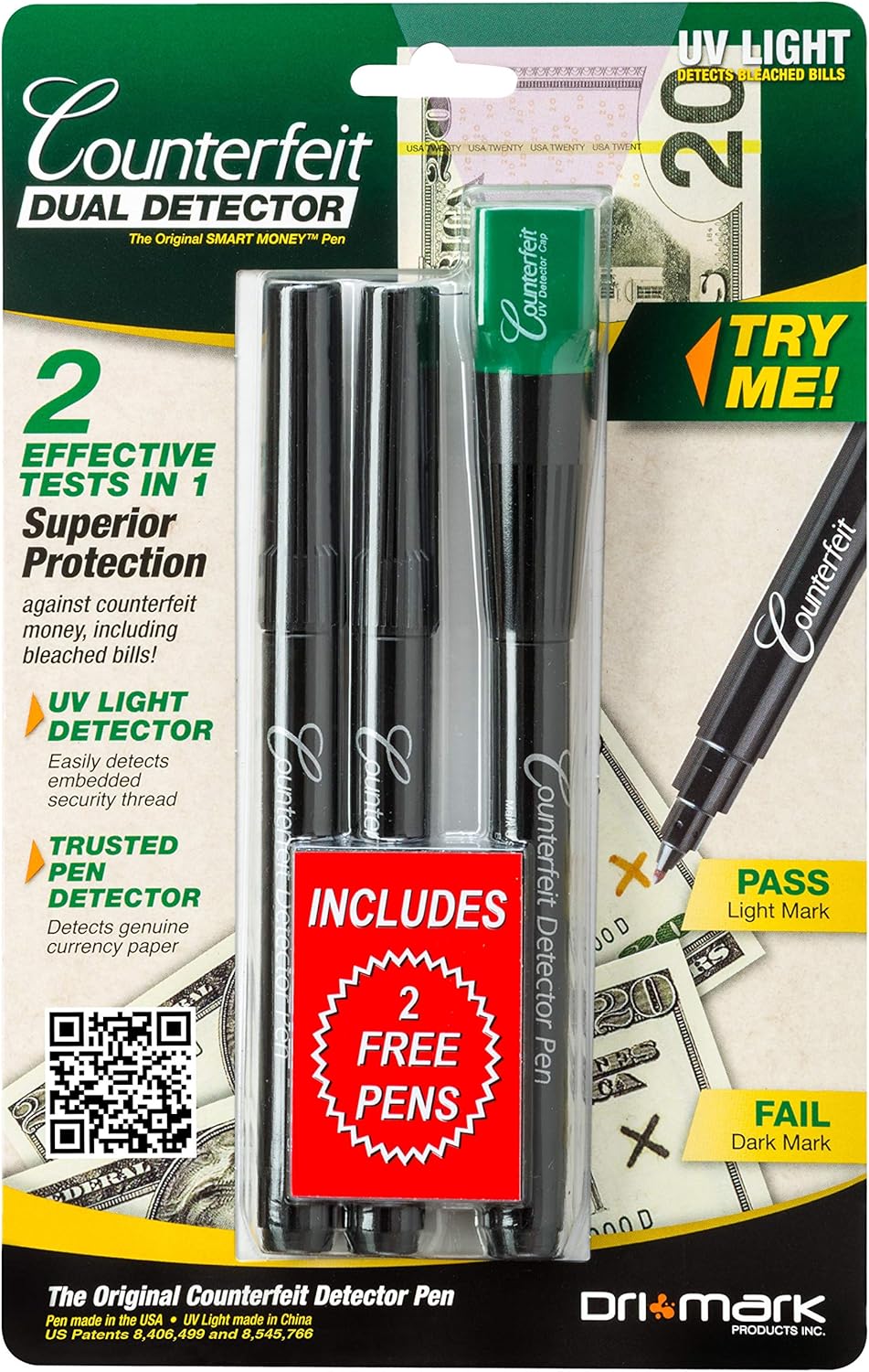 Dual Test Smart Money Pen with UV LED Cap Counterfeit Detector System, Pack of 2 G295