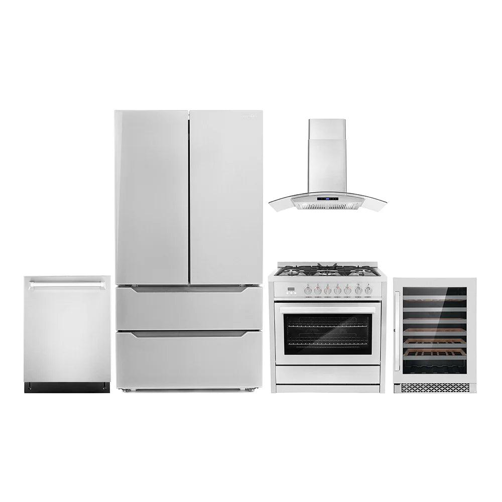 36 Dual Fuel Range, Wall Mount Range Hood, Dishwasher, Refrigerator with Ice Maker and Wine Cooler I30012
