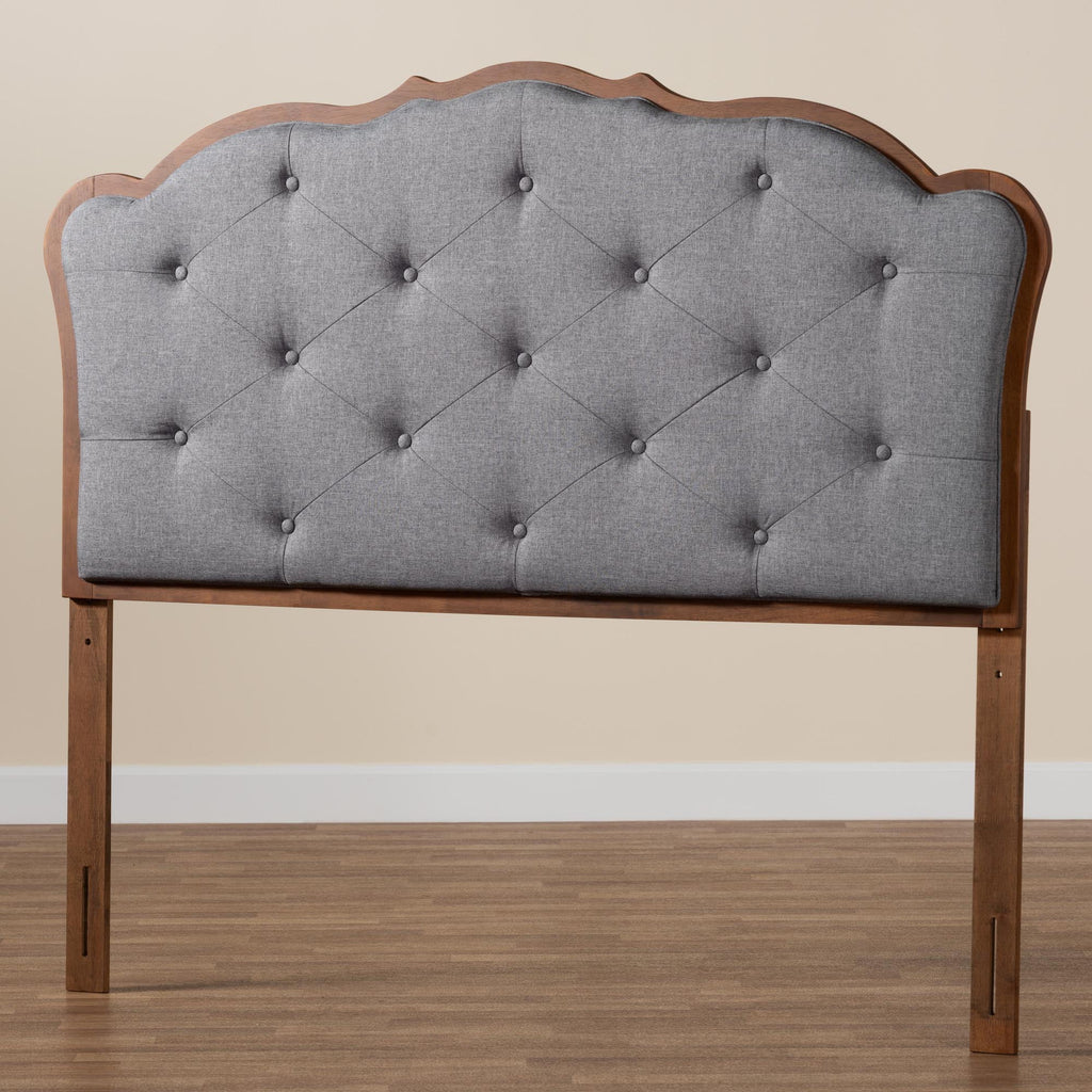 Grey Fabric and Walnut Brown Wood King Size Headboard I421459