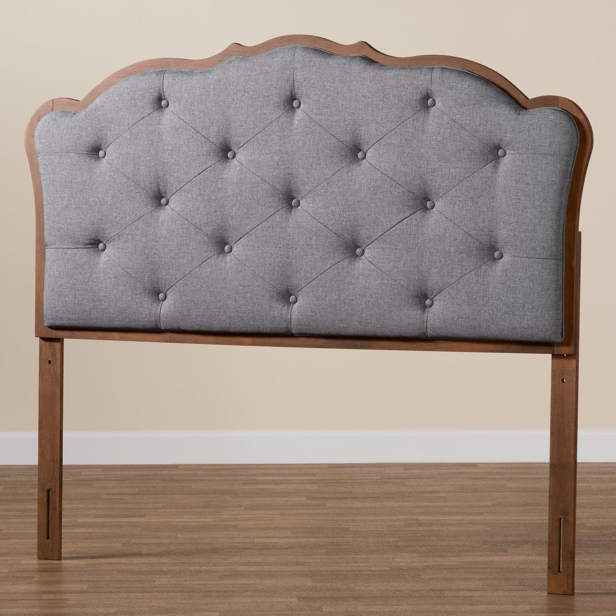 Grey Fabric and Walnut Brown Wood King Size Headboard I421459