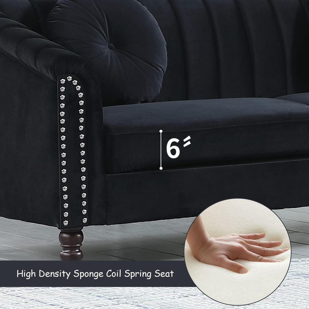 Black Velvet Loveseat Sofa with Pillows and Nailhead Trim Armrest V552718