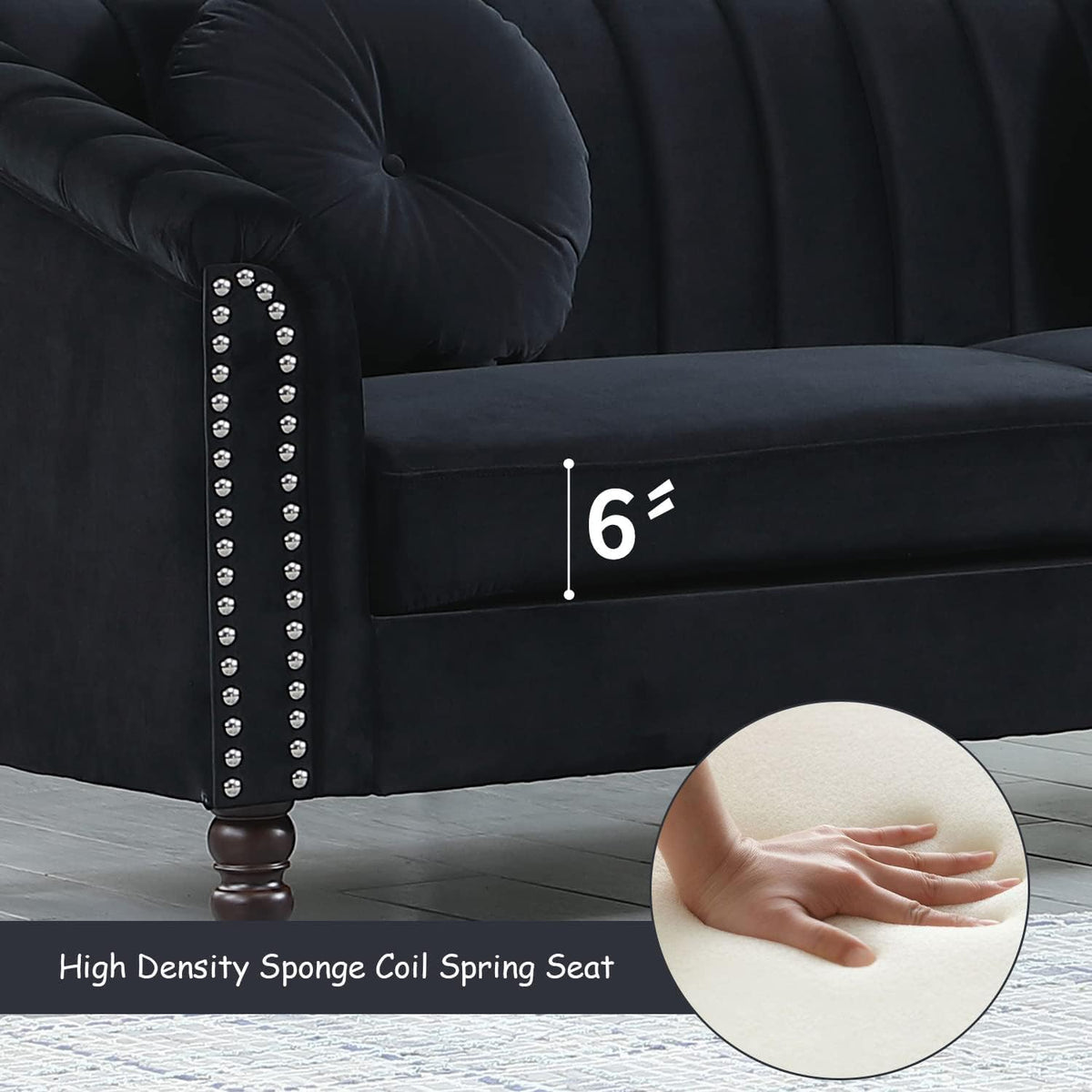 Black Velvet Loveseat Sofa with Pillows and Nailhead Trim Armrest V552718