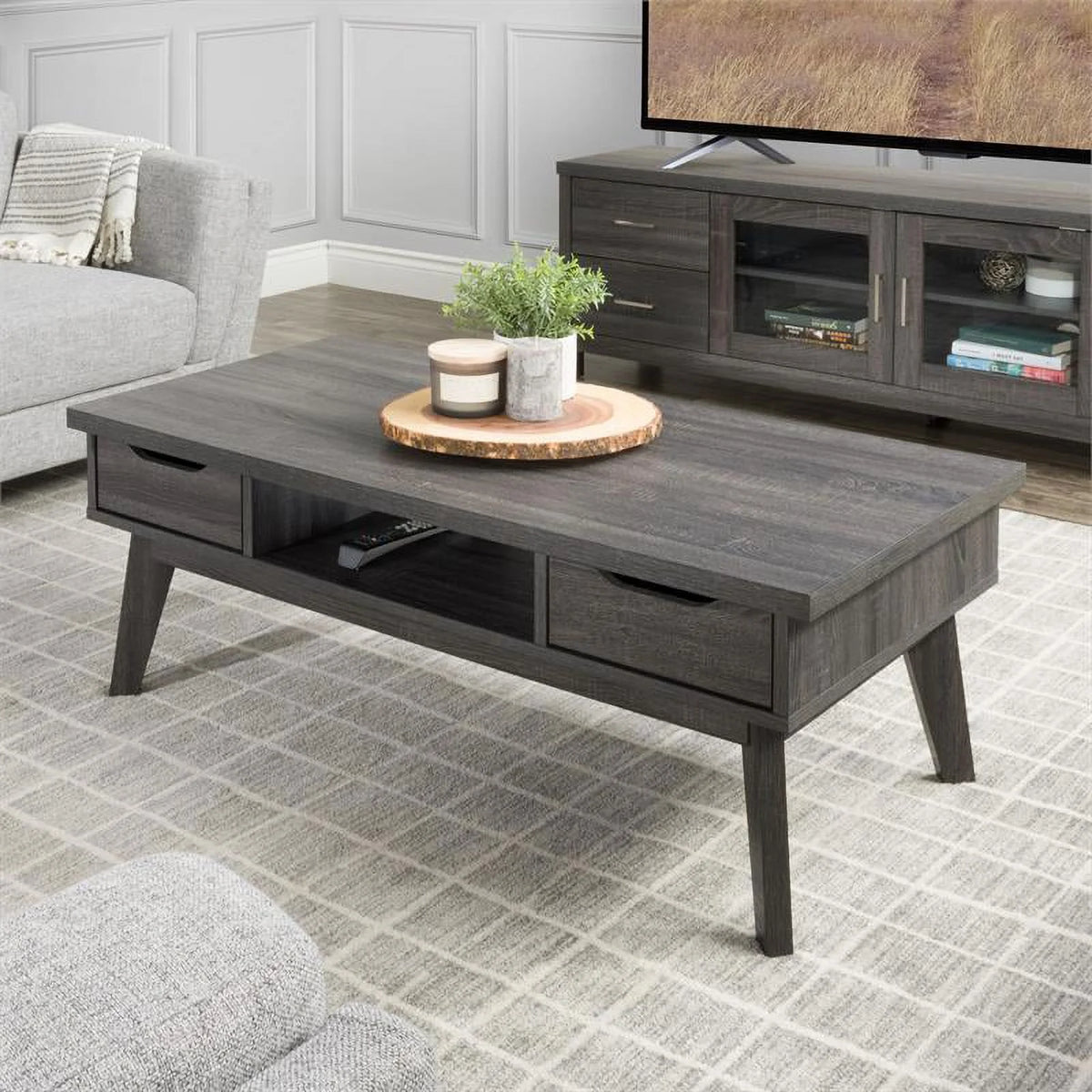 Dark Gray Engineered Wood Coffee Table with Drawers K36744
