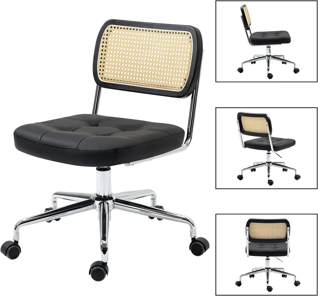 Black Leather Rattan Back Adjustable Swivel Office Chair W836