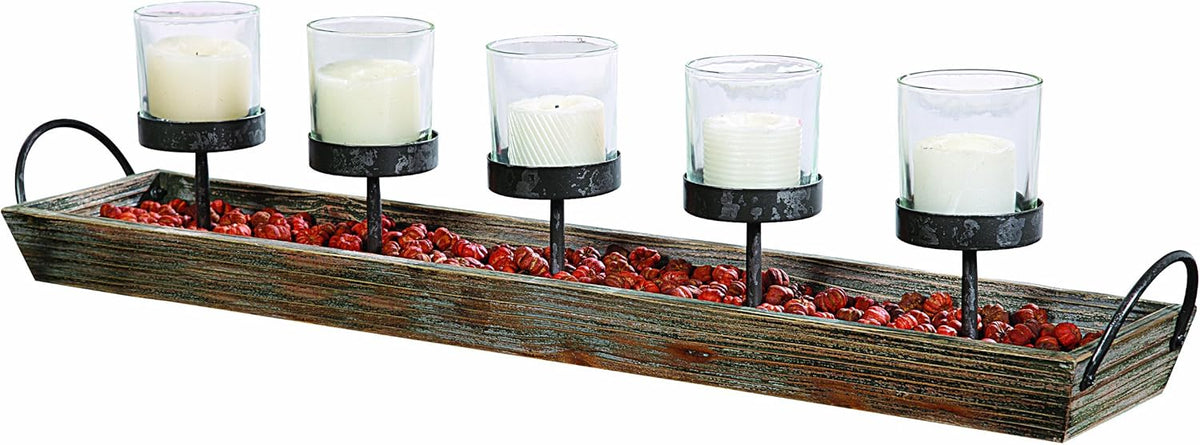 White Metal Rectangle Wood Tray with Handles Votive Holder F27314